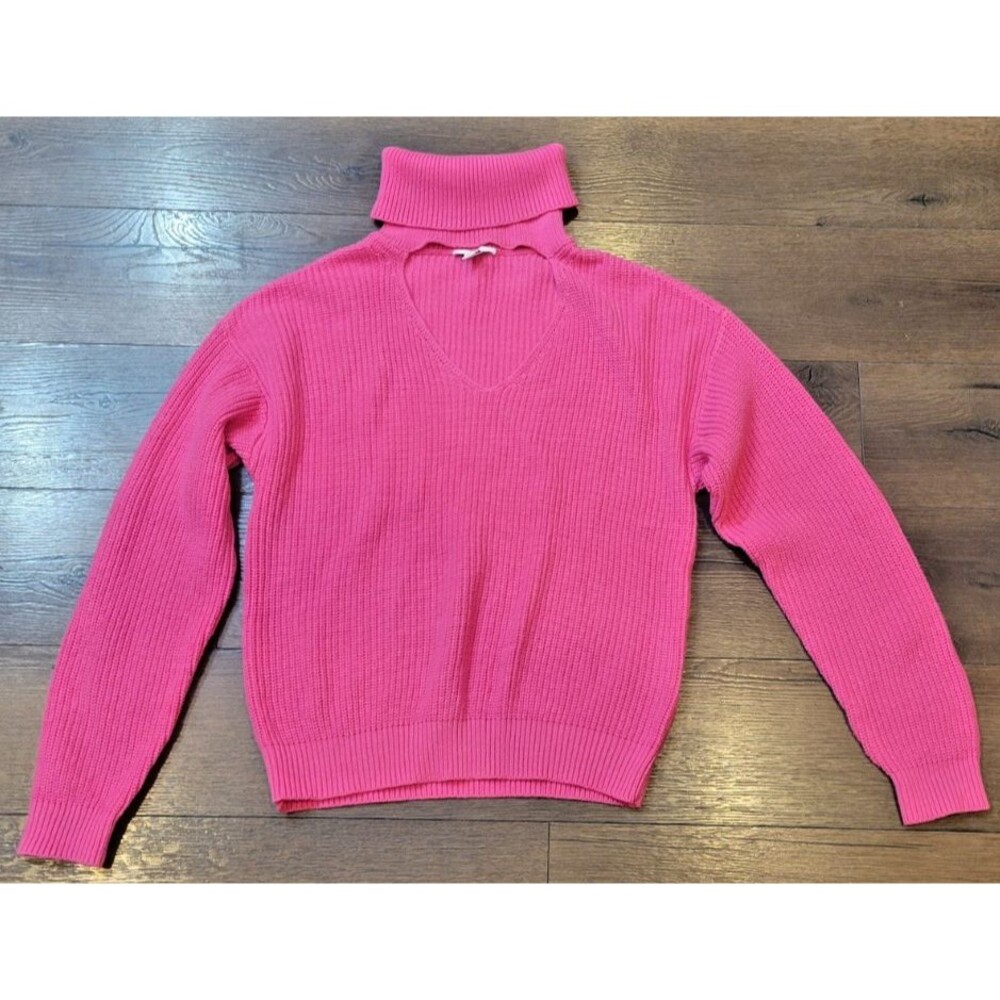 Bar III Womens Sweater Turtleneck V-Neck Cutout Size Medium Knit Pink Barbie